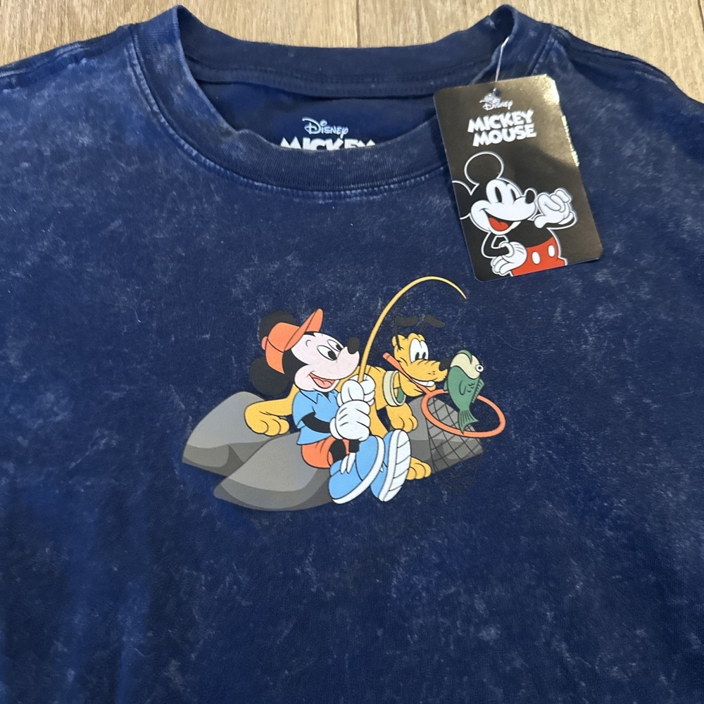Disney Mickey And Pluto Fishing T-Shirt Pebble Blue Front & Back Graphics XLarge - Picture 2 of 8
